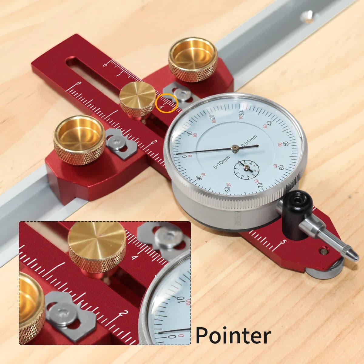 Přípravek pro seřízení stolní pily s ukazatelem (dial indicator)
