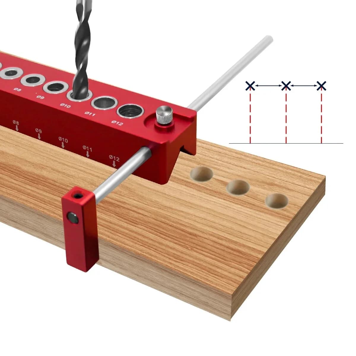Vertikální samočinné středící vodítko pro pocket hole vrty 3-12 mm