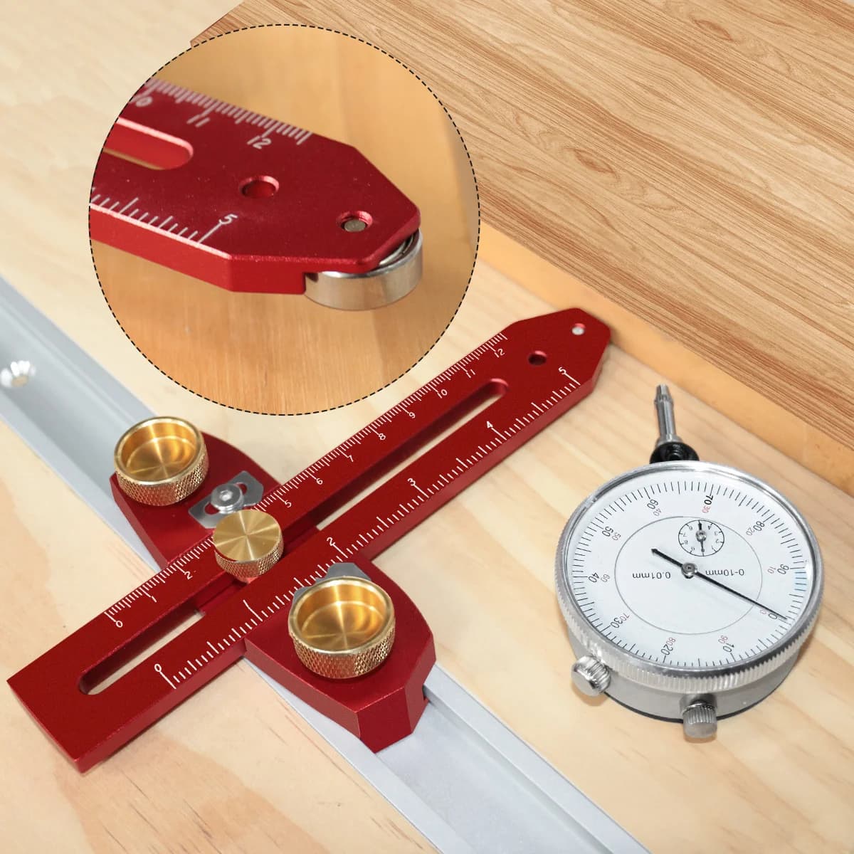Přípravek pro seřízení stolní pily s ukazatelem (dial indicator)